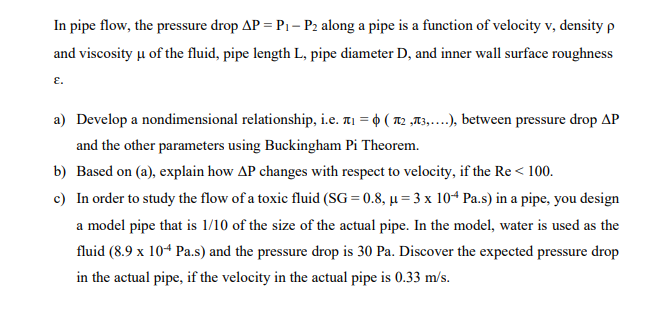 Solved In pipe flow, the pressure drop AP = P, - P2 along a | Chegg.com