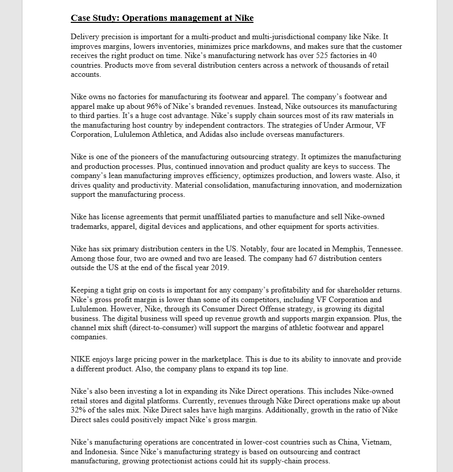 Solved Case Study Operations management at Nike Delivery