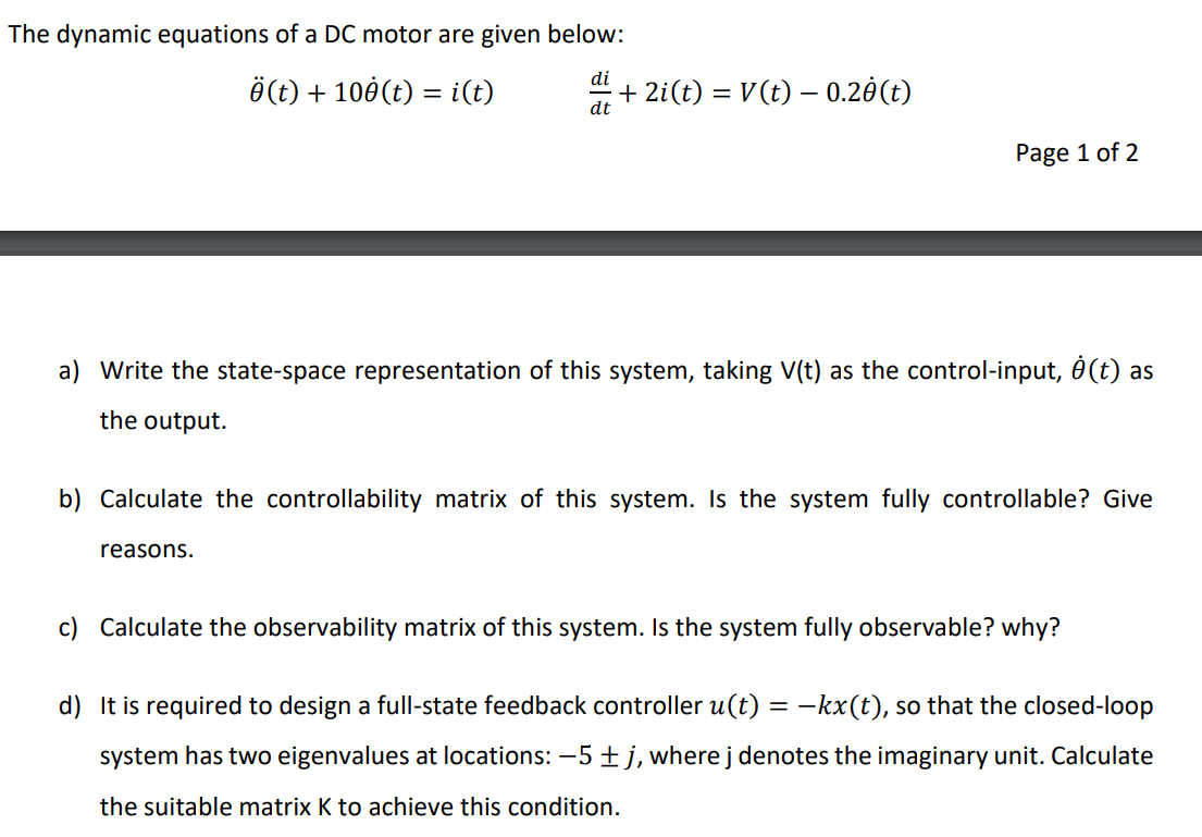 Solved The dynamic equations of a DC motor are given | Chegg.com