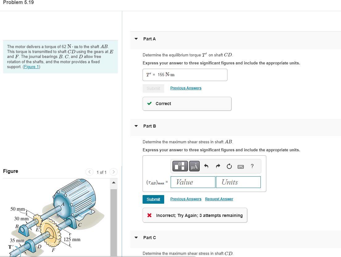 Solved The motor delivers a torque of 62 N⋅m to the shaft | Chegg.com