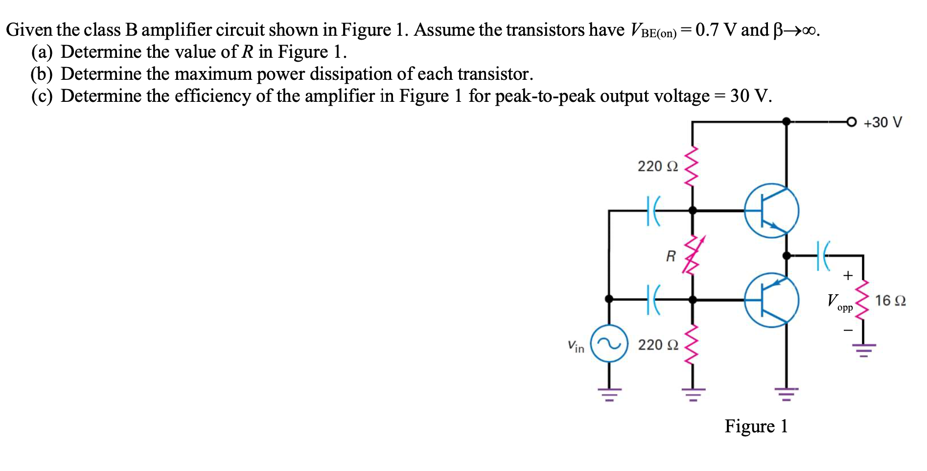 Solved Given The Class B Amplifier Circuit Shown In Figure | Chegg.com