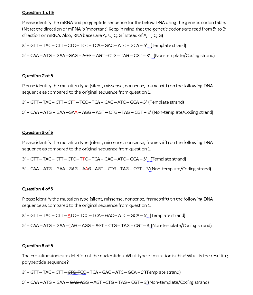 Solved Question 1 of 5 Please identify the mRNA and | Chegg.com