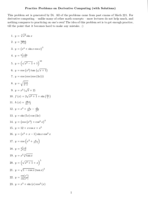 Solved Practice Problems on Derivative Computing (with | Chegg.com