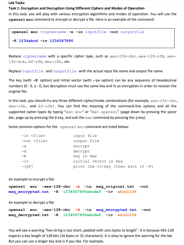 Solved Lab Tasks: Task 1: Encryption And Decryption Using | Chegg.com