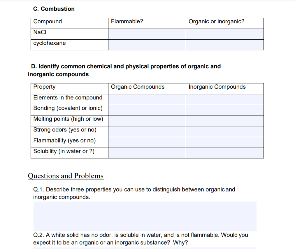 Solved C. Combustion Compound Flammable? Organic or