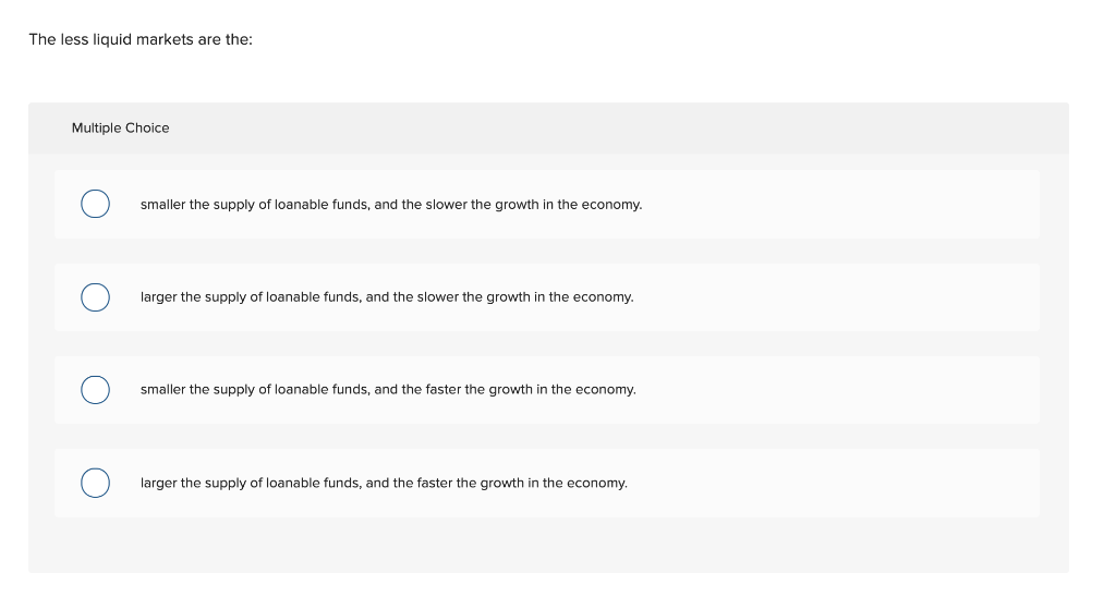 Solved The less liquid markets are the Multiple Choice O