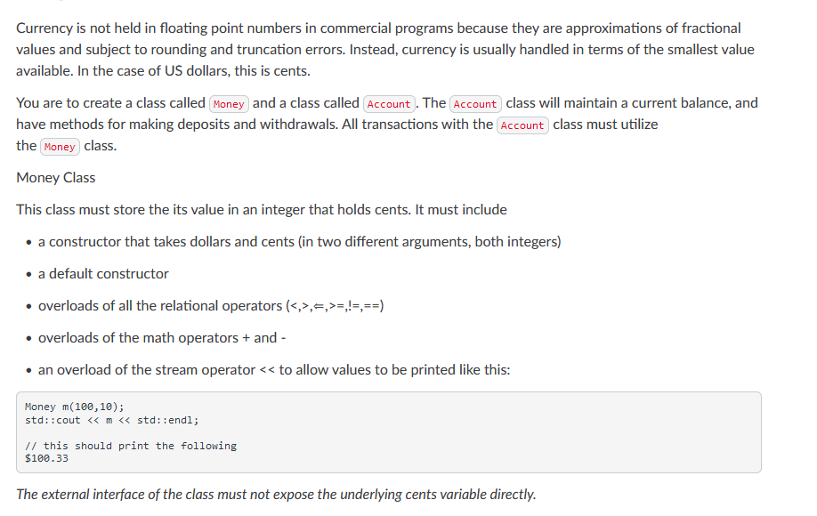 Currency is not held in floating point numbers in | Chegg.com