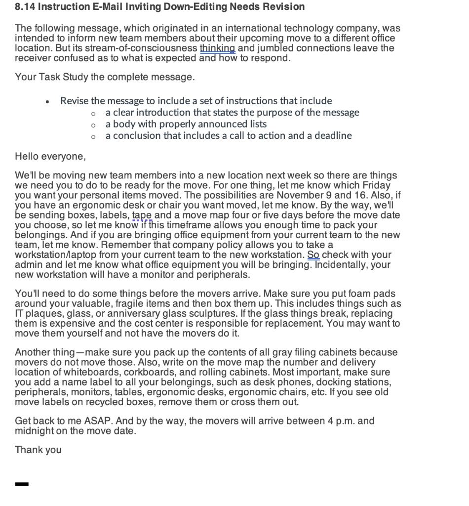 Solved 8.14 Instruction E-Mail Inviting Down-Editing Needs | Chegg.com