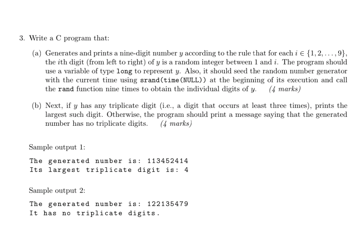 Solved 3. Write a C program that: (a) Generates and prints a | Chegg.com