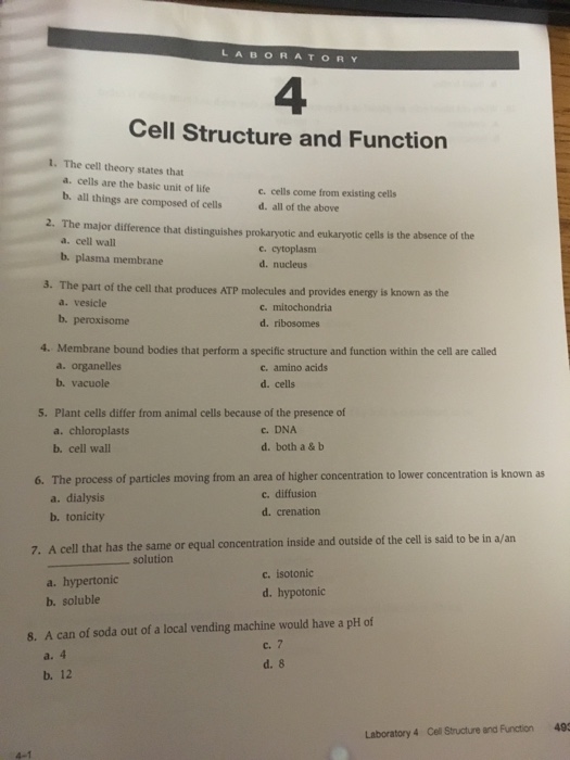 Solved LABORATOR Y 4 Cell Structure and Function 1. The cell | Chegg.com