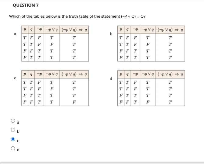 Solved Question 7 Which Of The Tables Below Is The Truth Chegg Com