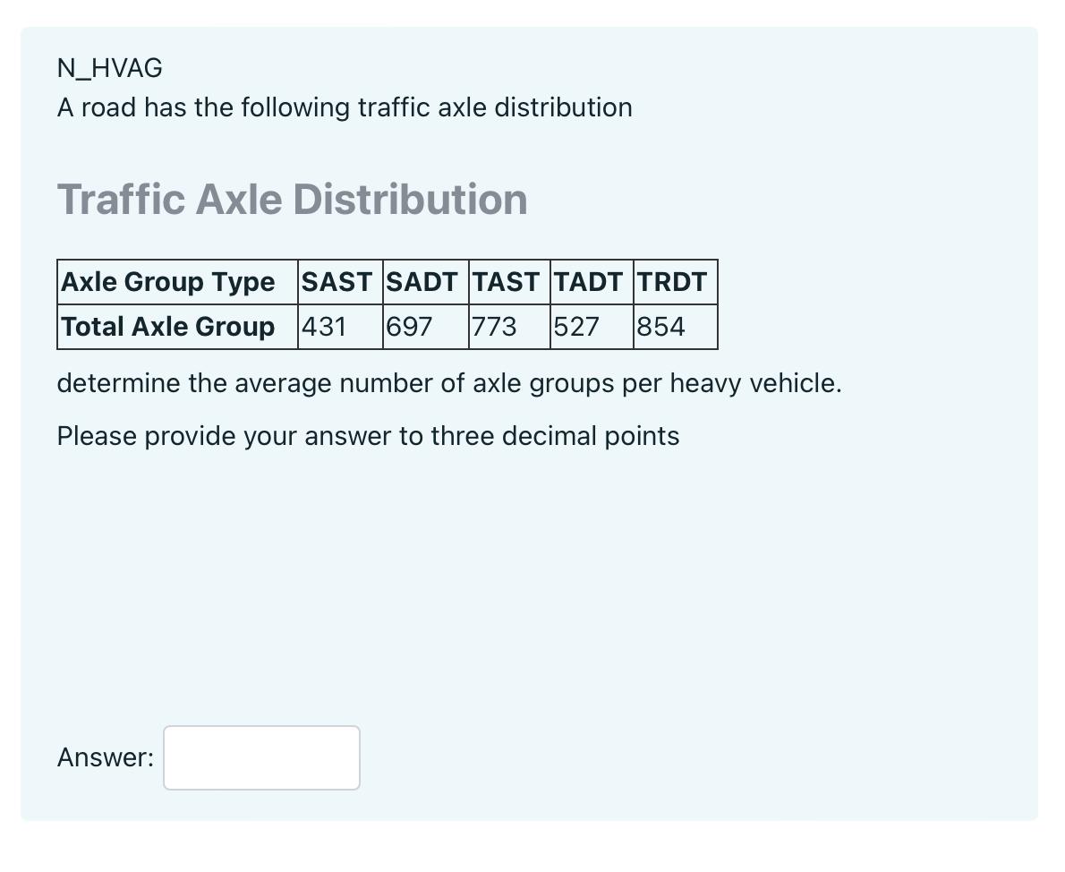 Solved N_HVAG A road has the following traffic axle | Chegg.com