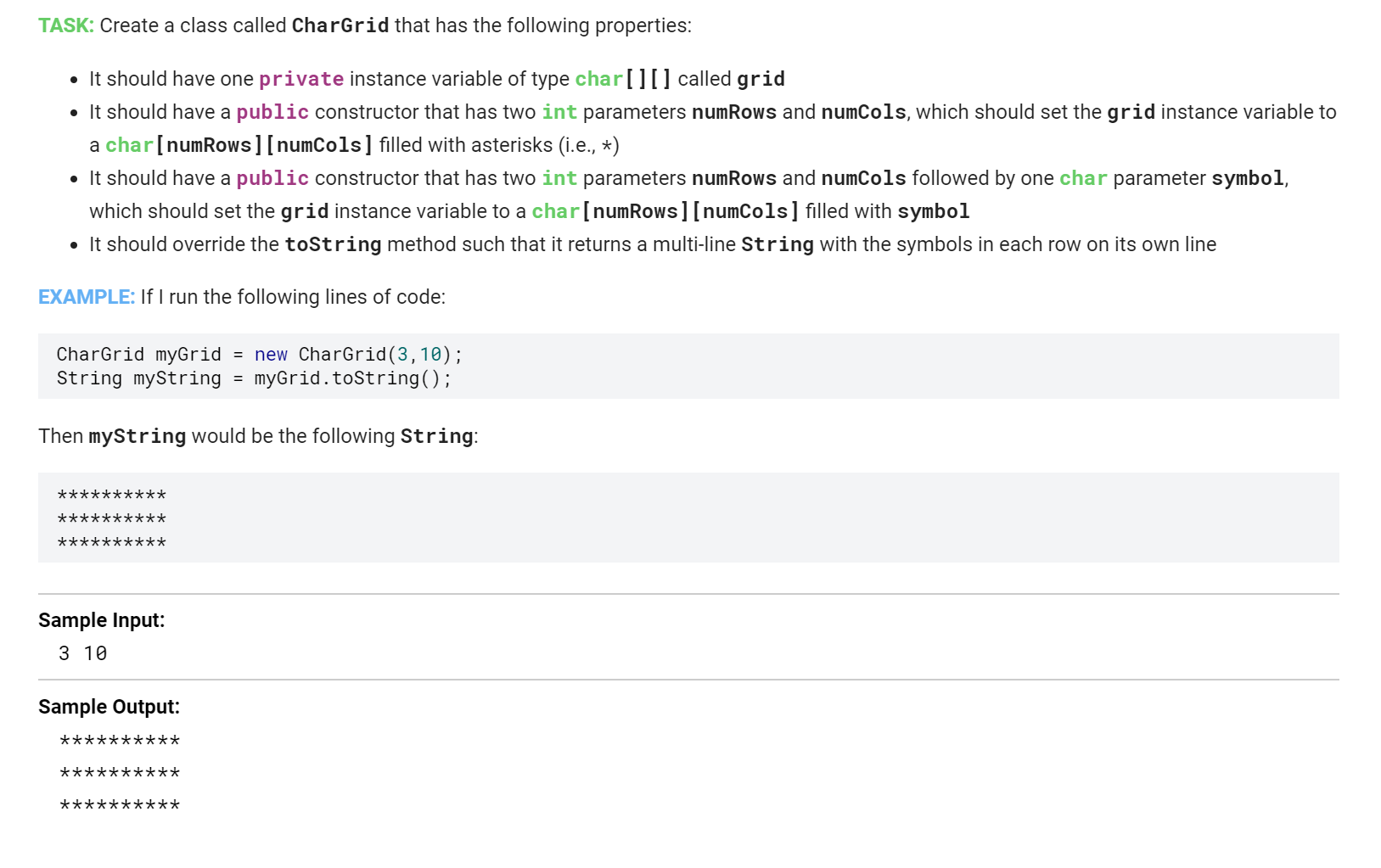 Solved TASK: Create a class called CharGrid that has the | Chegg.com