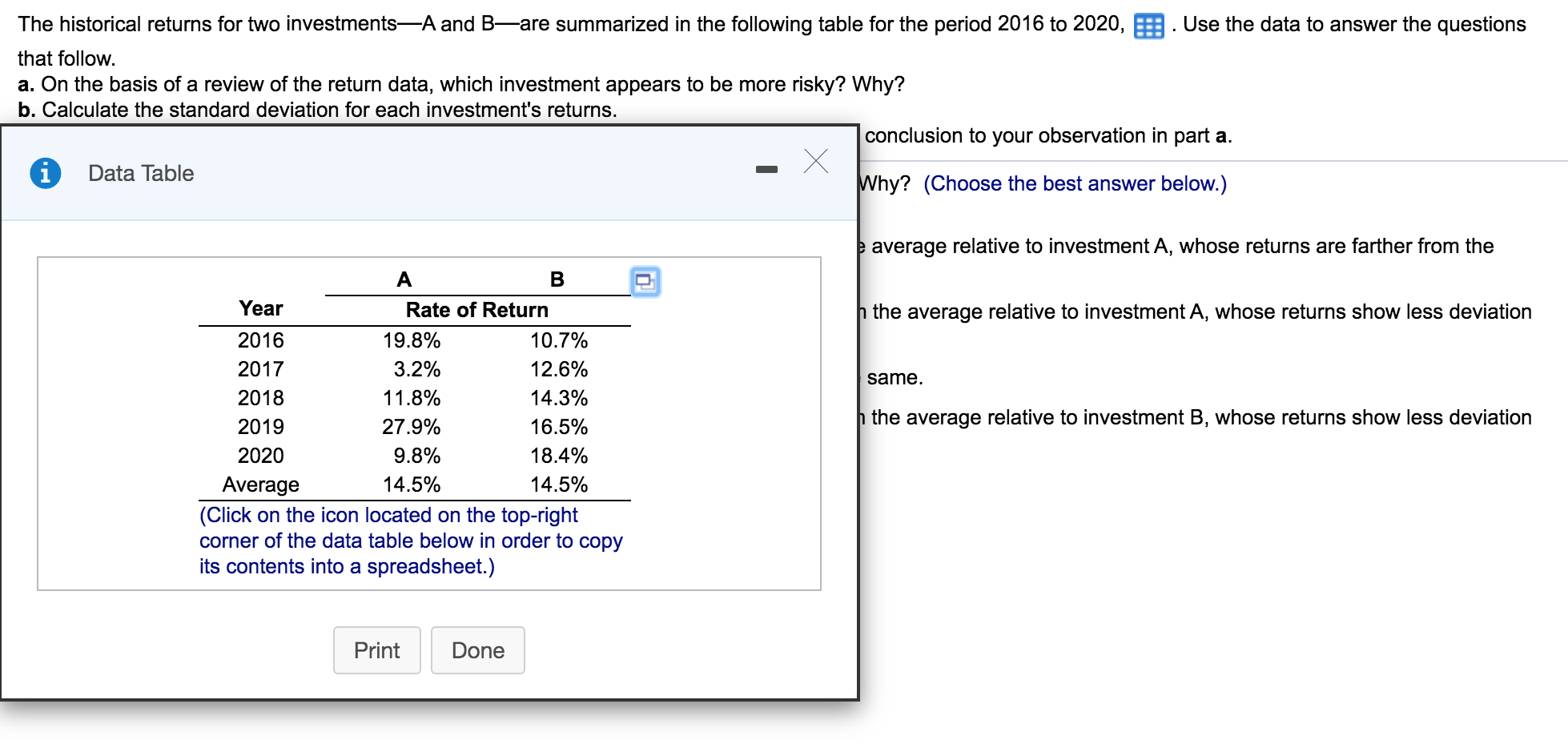 Solved The Historical Returns For Two Investments—A And | Chegg.com