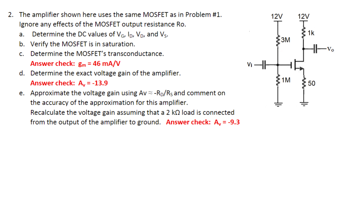 Solved 2. The amplifier shown here uses the same MOSFET as | Chegg.com