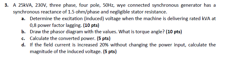 Solved 3. A 25kVA, 230V, three phase, four pole, 50Hz, wye | Chegg.com