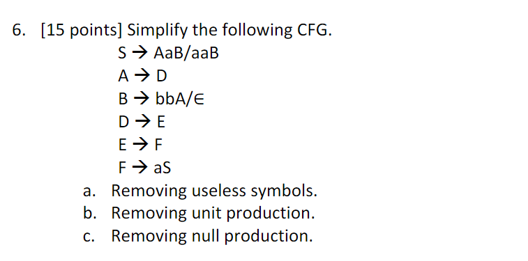Solved 6. [15 points] Simplify the following CFG. S → | Chegg.com