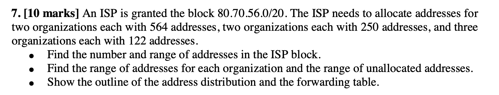 Solved 7. [10 Marks] An ISP Is Granted The Block | Chegg.com