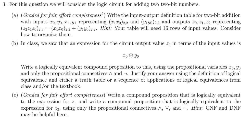 3. For this question we will consider the logic circuit for adding two two-bit numbers. (a) (Graded for fair effort completen