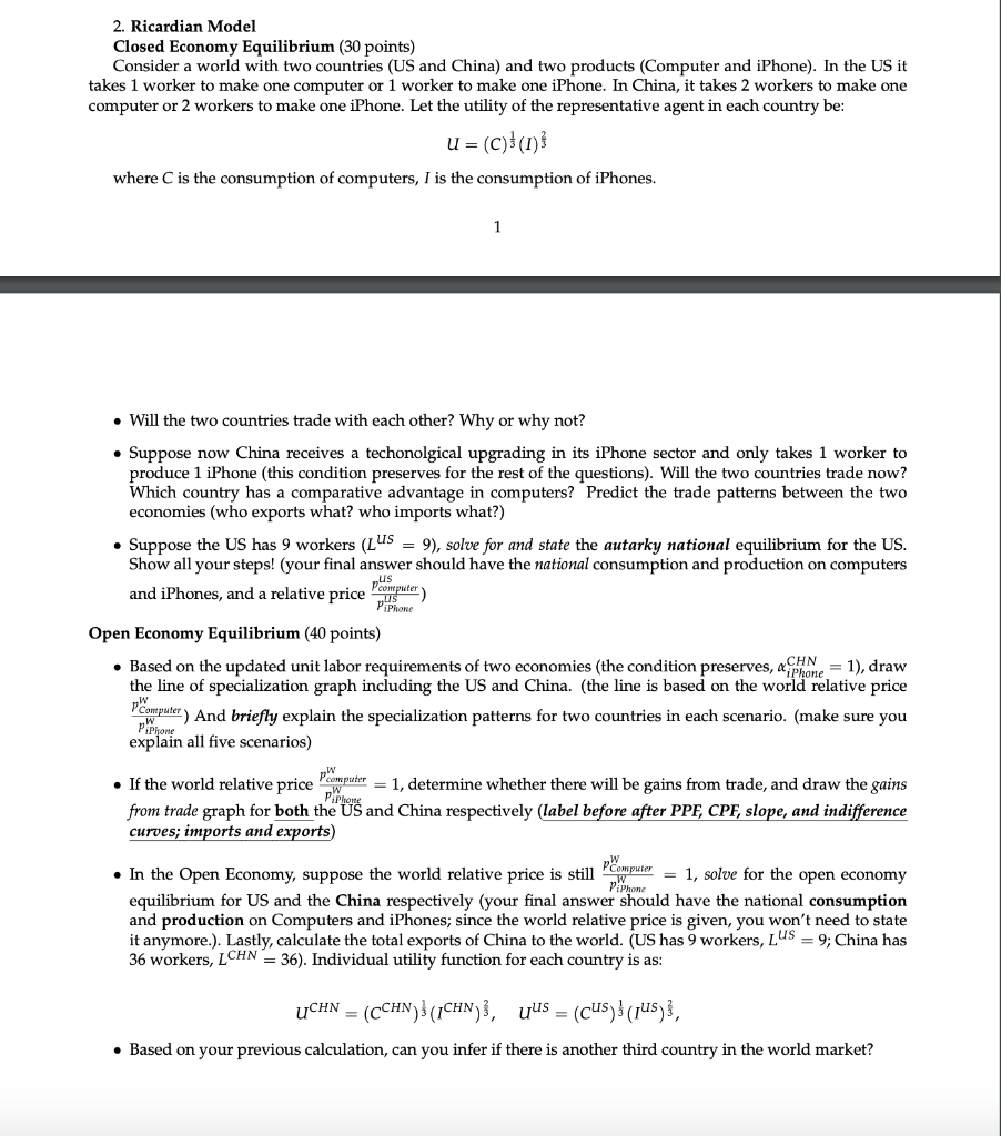 Solved 2. Ricardian Model Closed Economy Equilibrium (30 | Chegg.com