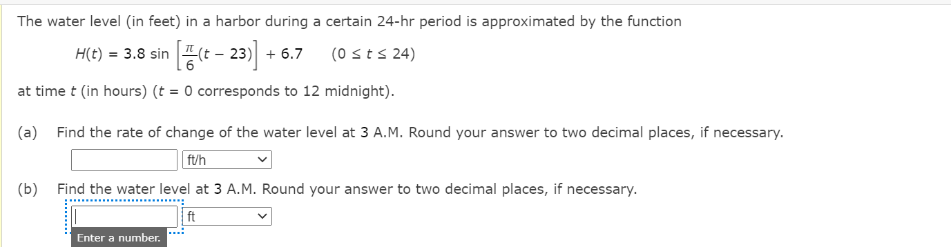 Solved The water level (in feet) in a harbor during a | Chegg.com