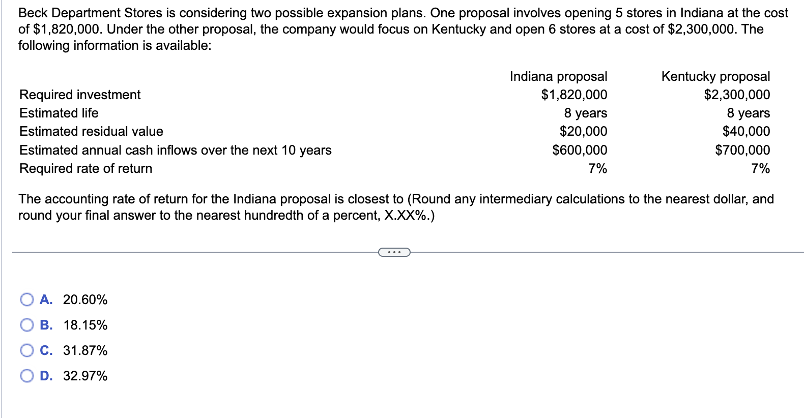 Beck Department Stores is considering two possible expansion plans. One proposal involves opening 5 stores in Indiana at the 