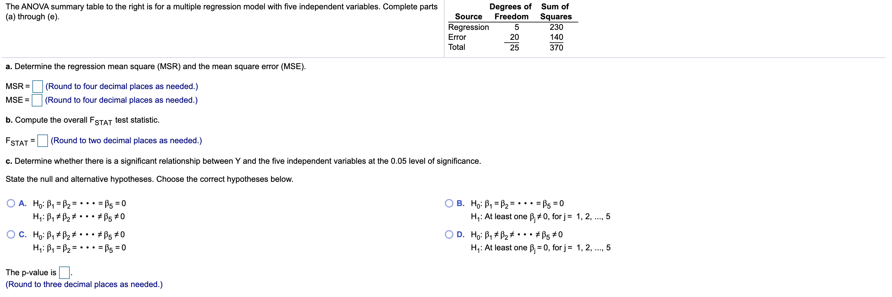 Solved The ANOVA summary table to the right is for a | Chegg.com