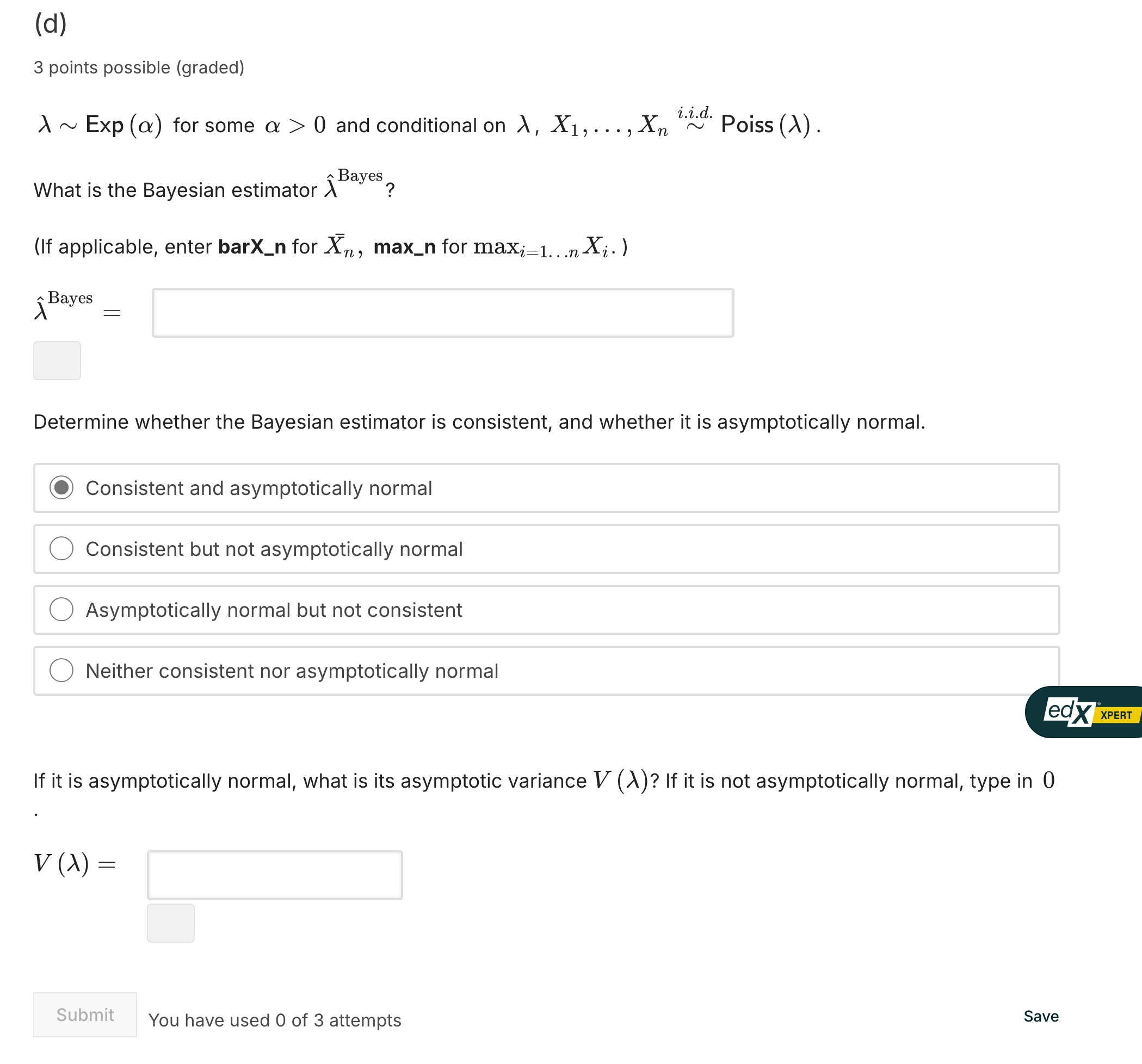 Solved (d)3 points possible (graded)λ∼Exp(α) for some α>0 | Chegg.com