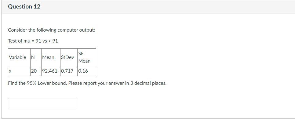 Solved Question 12 Consider the following computer output: | Chegg.com