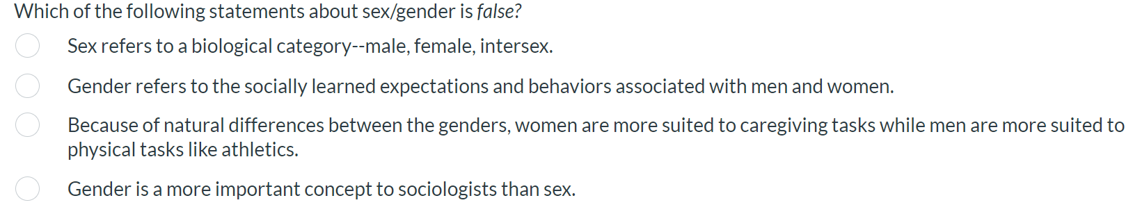 Solved Which Of The Following Statements About Sexgender Is 5507