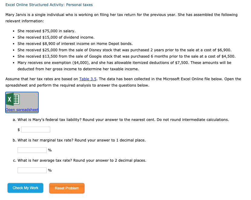 Solved Excel Online Structured Activity Personal taxes Mary