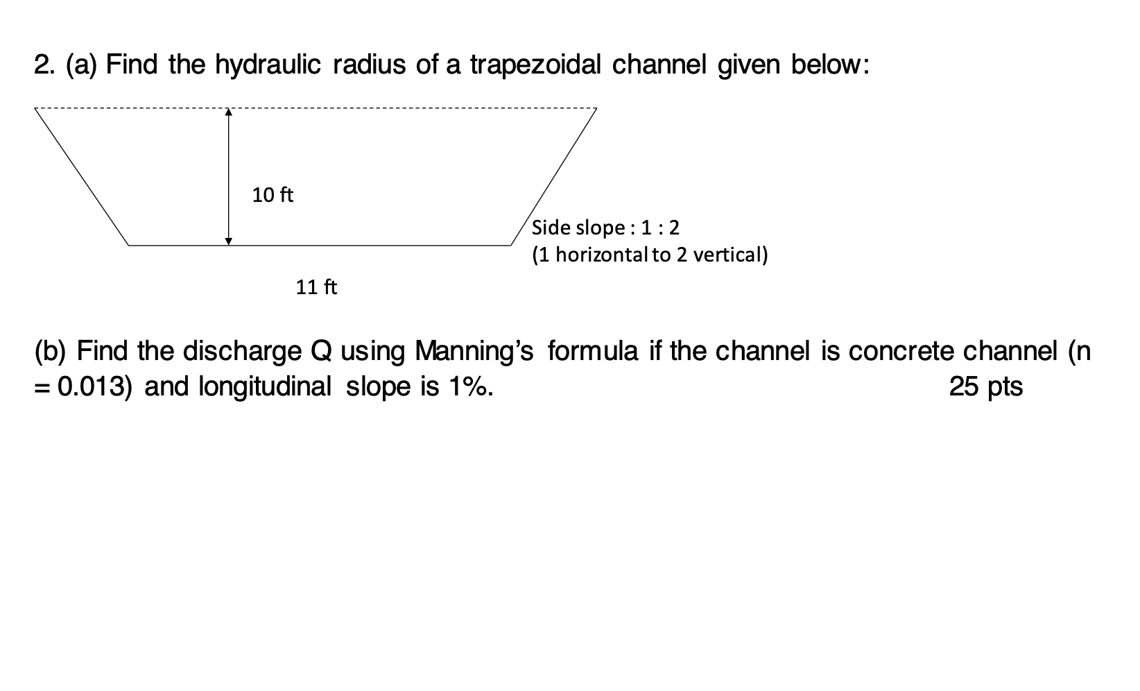 Solved 2. (a) Find the hydraulic radius of a trapezoidal