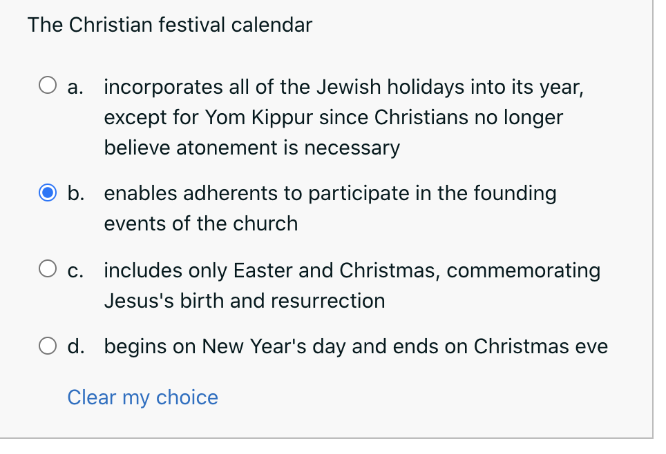 Solved The Christian festival calendar a. incorporates all