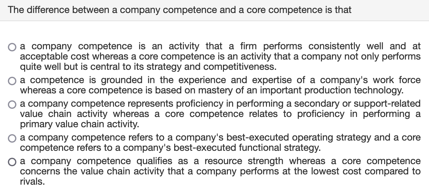 Solved The difference between a company competence and a | Chegg.com