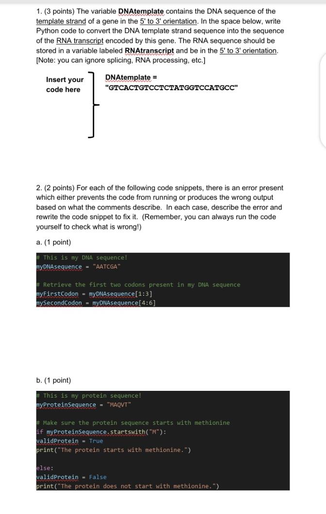 1. (3 points) The variable DNAtemplate contains the | Chegg.com