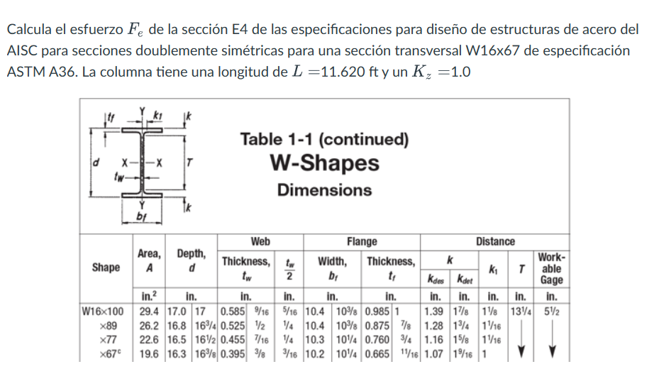 Calcula el esfuerzo \( F_{e} \) de la sección E4 de las especificaciones para diseño de estructuras de acero del AISC para se