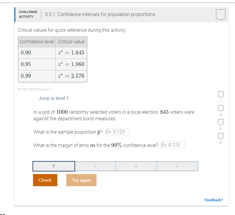 Solved CHALLENGE ACTIVITY 5.3.1: Confidence intervals for | Chegg.com