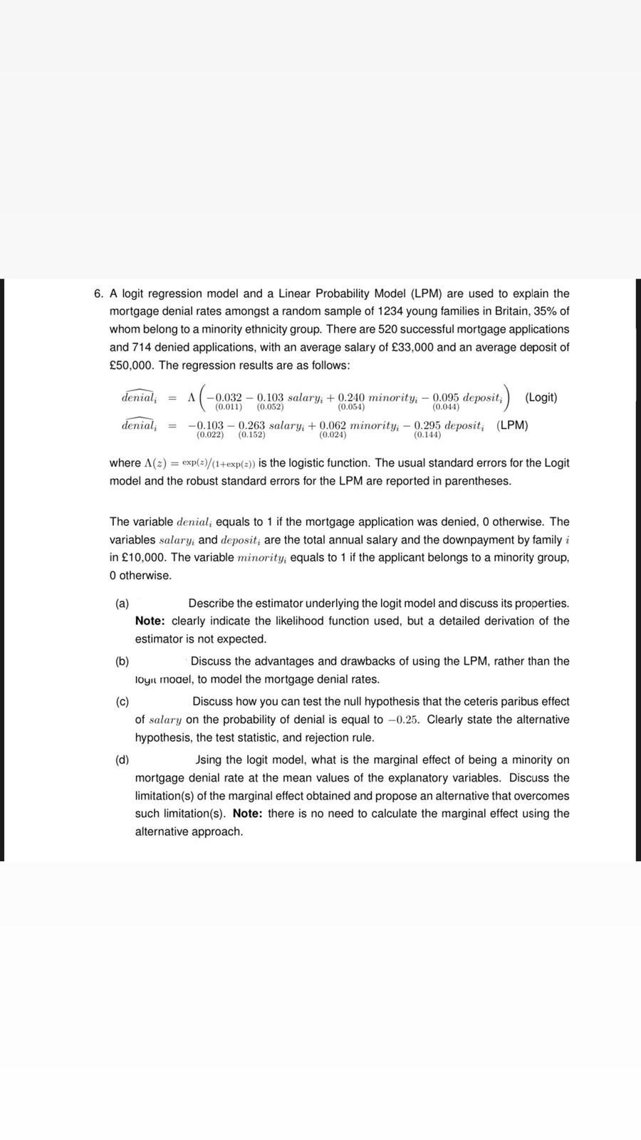 6. A logit regression model and a Linear Probability | Chegg.com