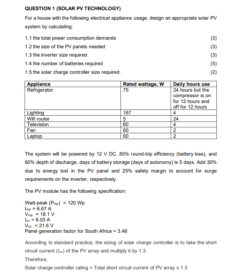 Solved QUESTION 1 (SOLAR PV TECHNOLOGY) For a house with the | Chegg.com