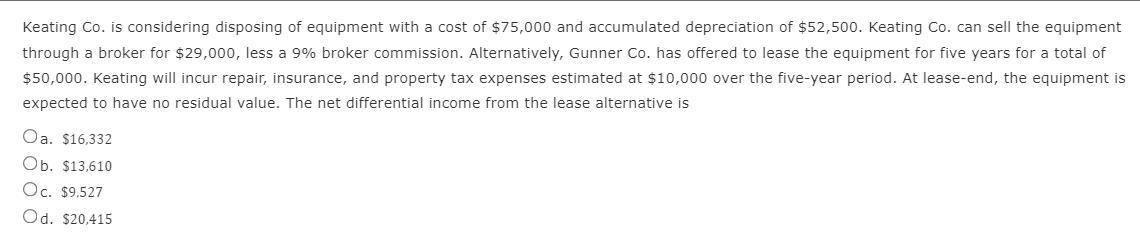 Solved Keating Co. is considering disposing of equipment | Chegg.com
