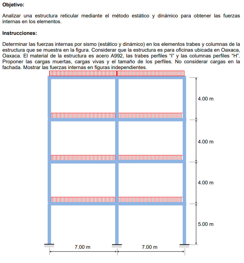 Objetivo: Analizar una estructura reticular mediante el método estático y dinámico para obtener las fuerzas internas en los e