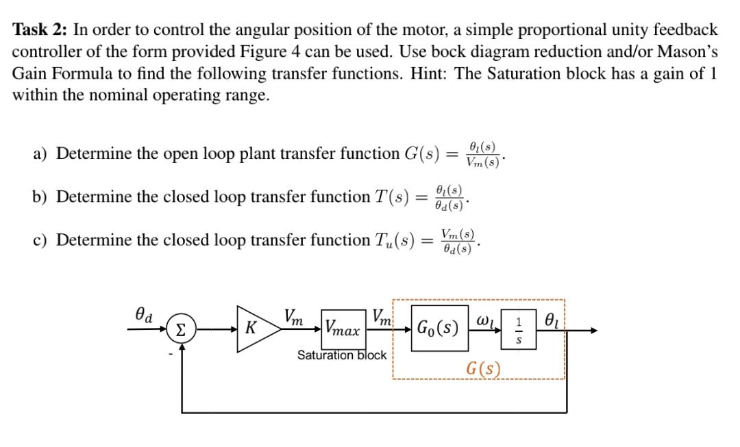 Solved Task 2: In order to control the angular position of | Chegg.com