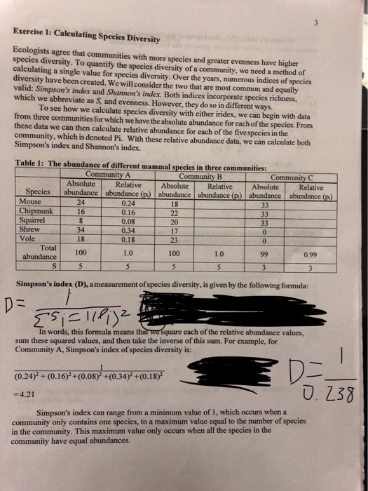 Solved Exercise 1: Caleulating Species Diversity Ecologists | Chegg.com