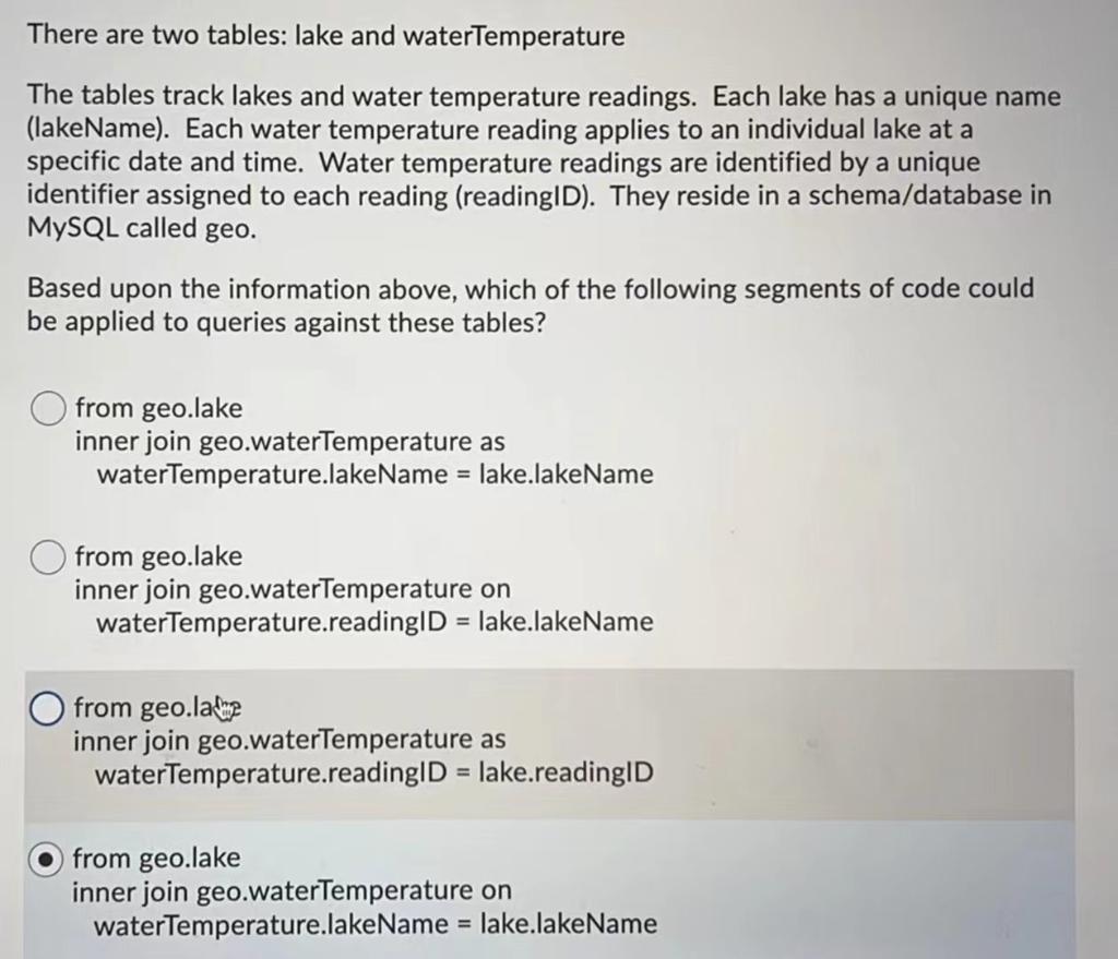 Solved There are two tables: lake and waterTemperature The | Chegg.com