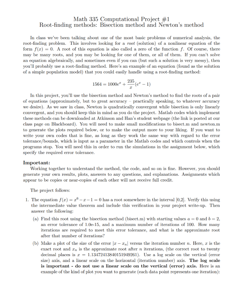 Solved Math 335 Computational Project 1 Root finding Chegg