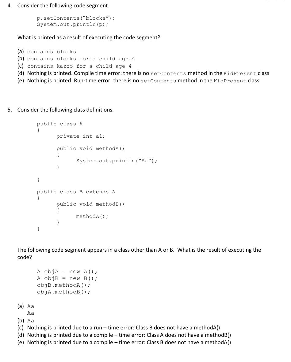 Solved MULTIPLE CHOICE 1. Assuming all classes are defined | Chegg.com