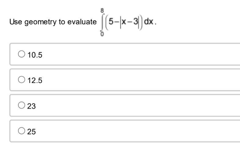Solved 8 Use geometry to evaluate |(5-/x+3) dx. 5– 10.5 O | Chegg.com