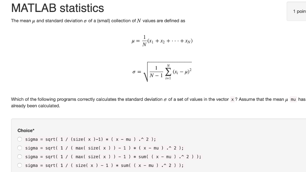 Solved Matlab Statistics The Mean U And Standard Deviatio Chegg Com