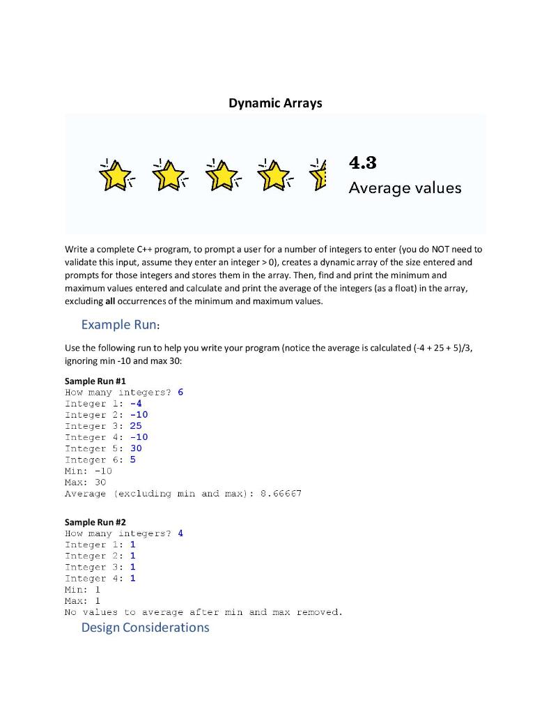Solved Dynamic Arrays 4.3 Average values Write a complete | Chegg.com