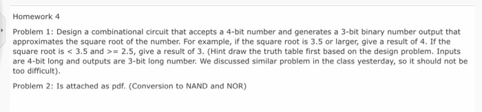 Solved Homework 4 Problem 1: Design a combinational circuit | Chegg.com
